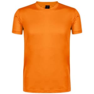 An orange adult T-shirt with short sleeves, featuring a branding logo on the label.