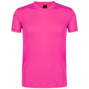 A bright pink adult T-shirt with a crew neck and short sleeves. It features a logo on the label.