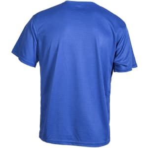 A blue adult T-shirt with a textured fabric, featuring a logo on the back.