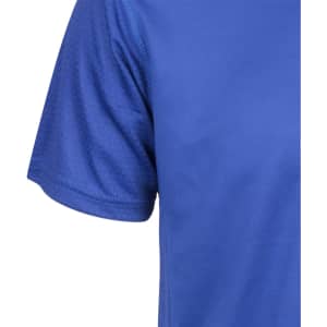 A blue adult T-shirt featuring a textured fabric and a logo on the side.