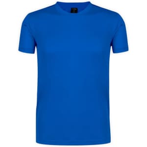 A blue adult T-shirt with a crew neckline and short sleeves, featuring a logo on the label.