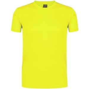 A bright yellow adult t-shirt featuring a crew neck and short sleeves. It has a logo on it.