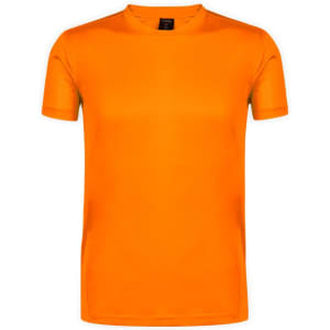 An orange adult T-shirt with a crew neck and short sleeves, featuring a logo on the label.