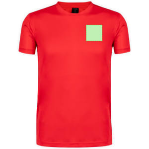 A red adult T-shirt featuring a square patch in a mint green colour. The shirt has a logo on it.