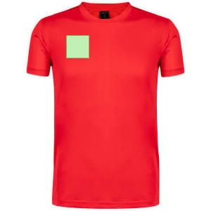 A red adult T-shirt featuring a solid green square on the front and a logo on the label.