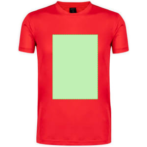A red adult T-shirt featuring a blank green rectangular area in the centre and a logo on the label.