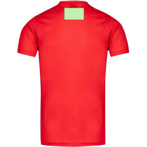 A red adult T-shirt with a plain back and a logo on the upper section.