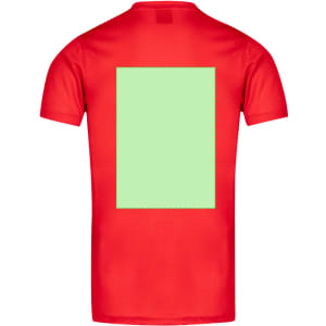 A red adult T-shirt featuring a plain green patch on the back. The shirt has a logo on the front.
