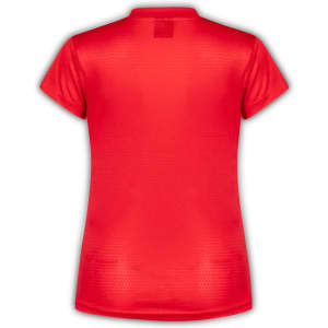 A red women's t-shirt with short sleeves, featuring a subtle textured pattern and a branding logo on the back.