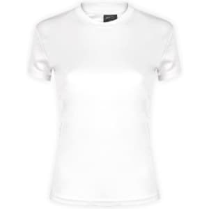 A white women's t-shirt with short sleeves and a fitted design, featuring a small logo on the neckline.