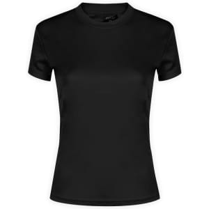 A black women's T-shirt with short sleeves and a fitted design. It features a logo at the neck.