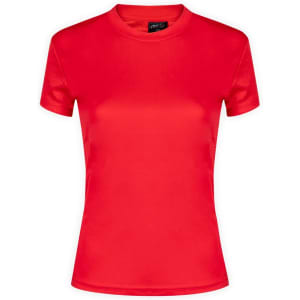 A red women's T-shirt with short sleeves and a fitted design, featuring a logo on the label.