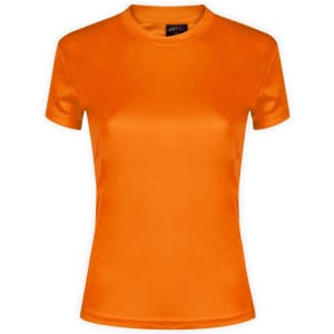 An orange women's t-shirt featuring a crew neck and short sleeves, with a logo on the label.