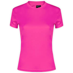 A bright pink women's T-shirt with a simple design and a brand logo on the label.