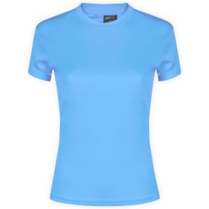 A blue women's t-shirt with a round neckline and short sleeves, featuring a brand logo on the label.