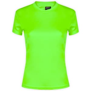 A bright green women's T-shirt with a fitted design, featuring a round neckline and short sleeves.
