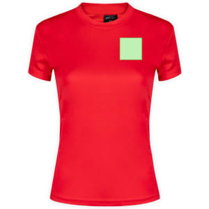 A red women's t-shirt featuring a square area in a light green colour, with a logo positioned on the front.