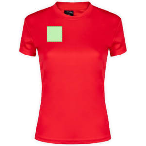 Red women's T-shirt with a green square patch and a logo on the label. Short sleeves and a classic fit.