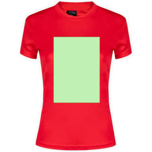 A red women's t-shirt featuring a blank green rectangular area in the centre and a logo on the label.