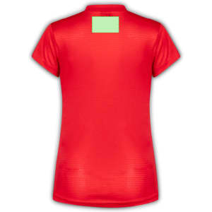 A red women's T-shirt featuring short sleeves and a logo on the back.