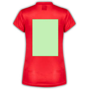 A red women's T-shirt with a textured fabric and a blank green panel on the back. It features a logo on the front.