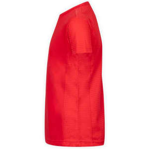 A side view of a bright red kids' t-shirt featuring a simple design and a logo.