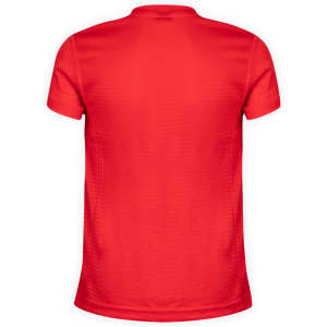 A red kids' T-shirt with short sleeves and a smooth texture, featuring a logo.