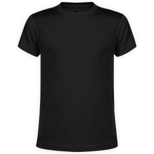 A black kids' T-shirt with short sleeves, featuring a simple design and a logo.