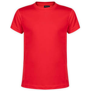 A red kids' t-shirt with a round neck and short sleeves, featuring a logo on the tag.