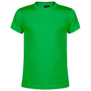 A vibrant green kids' T-shirt with a round neckline and short sleeves. It features a logo on the label.
