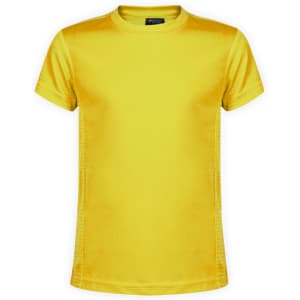 A bright yellow kids' t-shirt with a round neck and short sleeves, featuring a logo on the label.