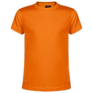 An orange kids' T-shirt featuring a round neck and short sleeves, with a logo on the label.