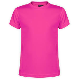 A pink kids' t-shirt with a simple design and short sleeves, featuring a logo.