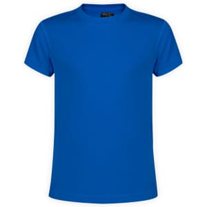 A blue kids' T-shirt with a classic crew neck and short sleeves. It features a logo on the neckline.