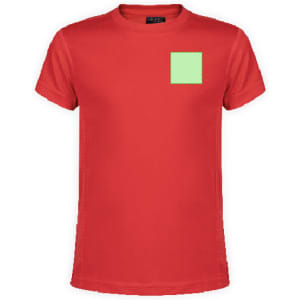 A red kids' t-shirt featuring a green square design and a logo on the chest area.
