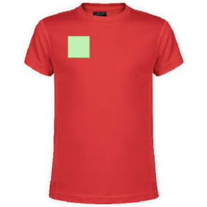 A red kids' t-shirt featuring a green square design and a logo on the label.