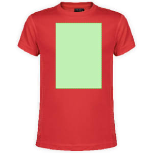 A red kids' T-shirt featuring a solid green rectangle on the front. It has a logo on the neckline.