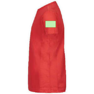A red kids' T-shirt with a green patch on one sleeve and a plain design.
