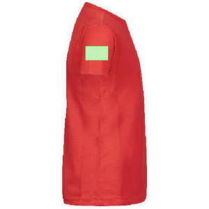 A red kids' T-shirt featuring a green patch on the shoulder and a logo on the chest.