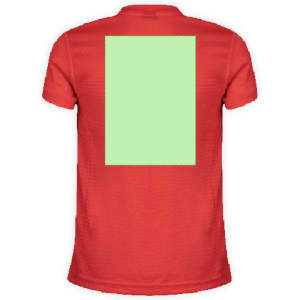 A red kid's t-shirt featuring a blank green patch on the back. The shirt includes a logo.