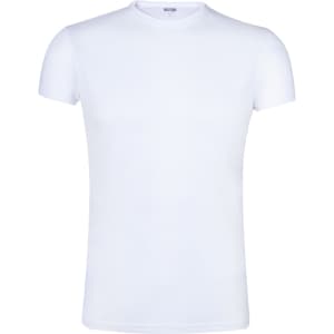 A white adult t-shirt with a crew neckline and short sleeves, featuring a logo.