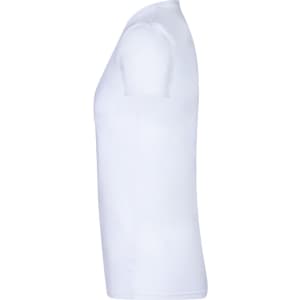 A white adult T-shirt displayed from the side, featuring a fitted design and a round neckline.