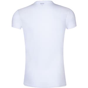 A plain white adult T-shirt with short sleeves, featuring a logo on the back.