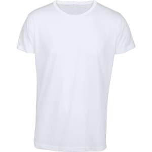 A white adult t-shirt with a round neck and short sleeves, featuring a logo.