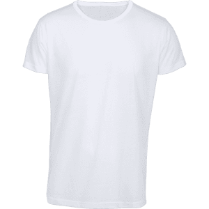 A plain white adult t-shirt with short sleeves and a round neck, featuring a logo.