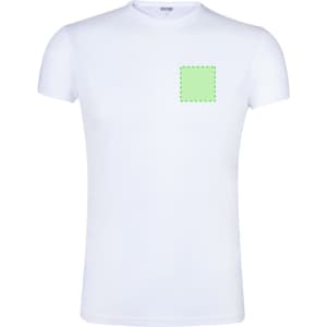 A white adult T-shirt featuring a blank square area on the left chest, with a logo placement option.
