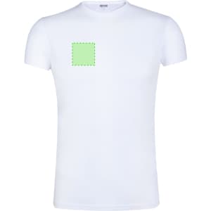 A white adult T-shirt featuring a green square outline on the front and a logo on the label.