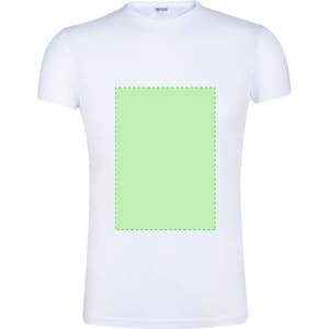 A white adult T-shirt featuring a green blank area in the centre, with a logo on the shirt.