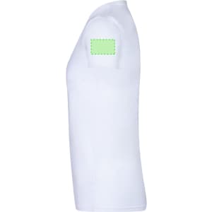 A white adult T-shirt featuring a plain design and a branding label on the shoulder.