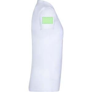 A white adult t-shirt displayed from the side, featuring a blank area on the sleeve for branding or design.